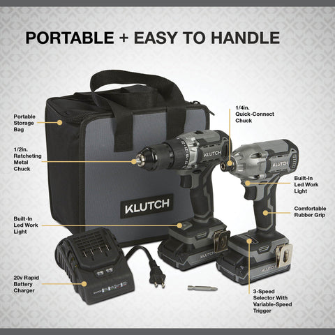 Brushless 20 Volt Drill Driver And Impact Driver Kit with dual chucks, storage bag, and charger, shown from front view