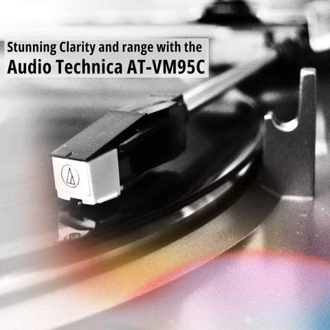 Close-up of Audio Technica AT-VM95C cartridge on turntable for Fully Automatic Belt Drive Turntable Bundle With SAM30 3 Inch Powered Studio Monitors And Polypropylene Woofers Delivers Dope Crisp Sound On 33 And 45 RPM Records With J Shaped Tonearm For Smooth Tracking And High Fidelity Playback