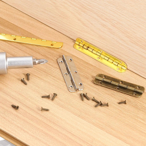Heavy Duty Metal Piano Hinges Sleek Bronze Finish 90 Degree Long Folding Box Hardware with screws and mounting tool on wood surface.