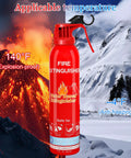 Four Pack Upgraded Eight In One Portable Water Based Fire Extinguishers With Mount For Home Car Boat Marine Kitchen And Emergency Prep Effective On Class A B C K Fires shown with temperature range between volcano and snow.