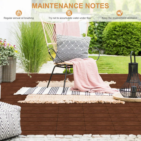 Interlocking Wood Deck Tiles 12x12 Inch Walnut, 27 Pack Waterproof Patio Floor Tiles in outdoor seating area with chair and plants