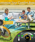 Family using 16 Inch Battery Powered Floor Fan With 2500 CFM outdoors on patio.