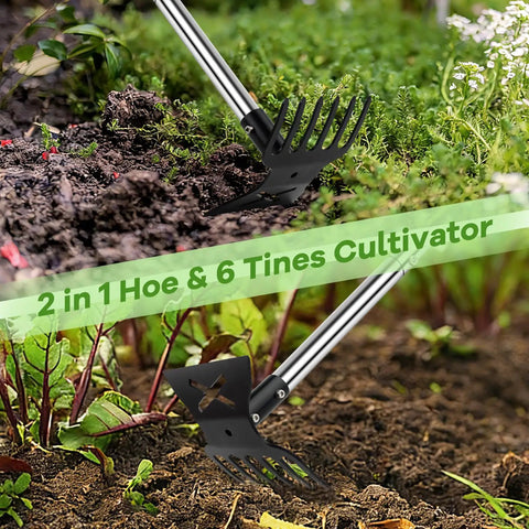 2 In 1 Garden Hoe And Cultivator Weeding Rake With Long Handle 6 Tine Heavy Duty Hand Weeder in garden soil