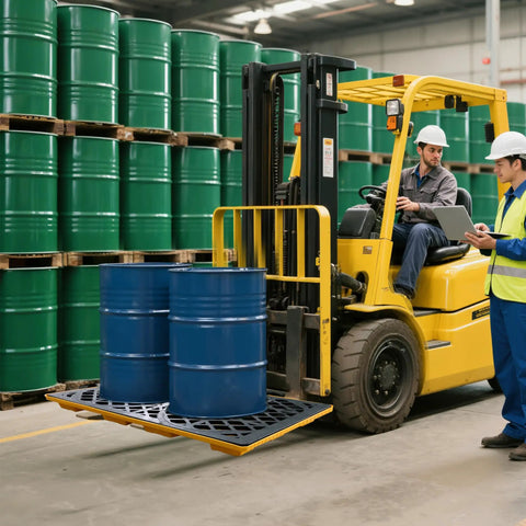 Forklift with Two Drum Spill Containment Pallet With 48 By 24 By 4 Inch Beefy Footprint 2000 Pound Capacity in warehouse