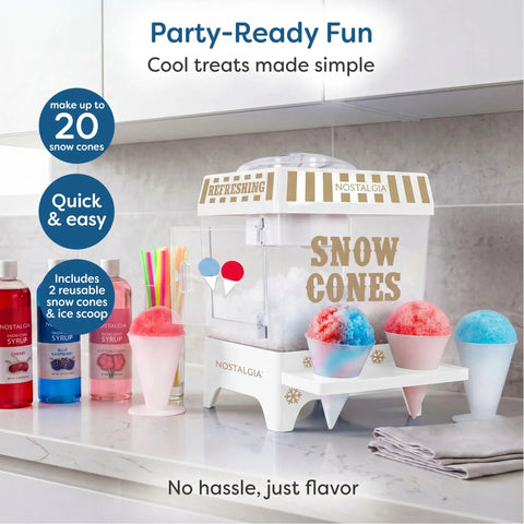 Retro Tabletop Shaved Ice Maker With Heavy Duty Stainless Blades And Cups Whip Up 20 Fresh Snow Cones And Cold Slushies Straight Up Chill Summer Beat The Heat Party Essential Pure White on countertop.