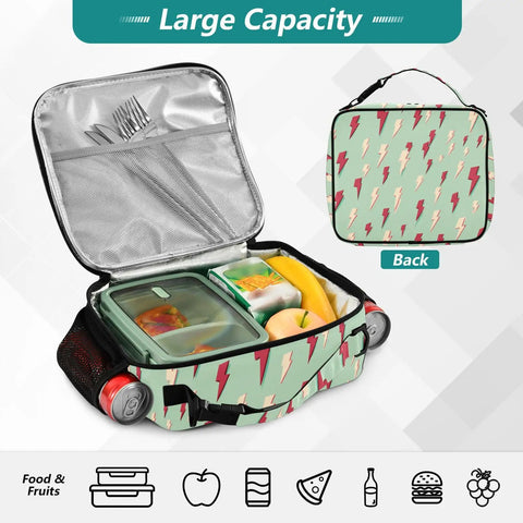Insulated Lunch Bag With Shoulder Straps, Portable Cooler Bag For Office, School, And Travel, Lightning Bolt Design, Durable Polyester Construction, Spacious Main Compartment, Side Mesh Pockets For Drinks, Great For Meals open with food inside