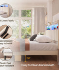 Queen Size Upholstered Bed Frame With Built In Charging Headboard And Hidden Storage Shelves Beige Platform Base showing soft linen fabric and scratch-resistant plastic feet.