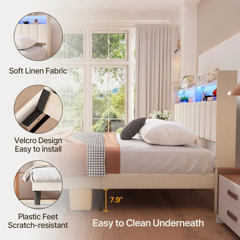Queen Size Upholstered Bed Frame With Built In Charging Headboard And Hidden Storage Shelves Beige Platform Base showing soft linen fabric and scratch-resistant plastic feet.
