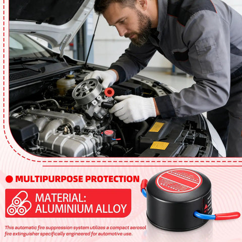 No Brainer Car Safety Upgrade Automatic Aerosol Fire Extinguisher With Rapid Heat Activation and Peel Stick Adhesive Mount for Engine Bays Garages and Office Spaces Game Changer, shown in car engine.