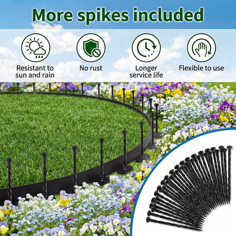 Landscape Edging Kit 1.5 Inch By 100 Foot Plastic Garden Border With 120 Spikes No Dig Black Border in flower bed setup