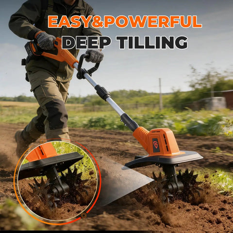 Person using Cordless Electric Tiller Cultivator With 21V Battery, Dual 4.0Ah Pack, 9In Tilling Width, 6.6In Depth, 360RPM Power