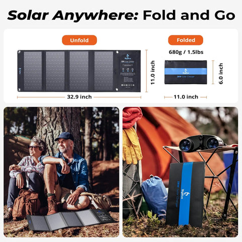 28W Portable Solar Charger That Slays The Day with Dual USB C And USB A for Camping and Hiking, folded and unfolded view