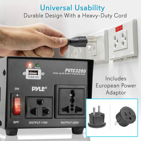Beefy 500W Step Up Step Down Voltage Converter with USB charging port and European power adaptor displayed in use next to outlet.