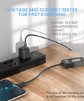 Workhorse All-In-One USB C Power Meter Tester 4-30V 0-6.5A Digital Multimeter monitoring voltage and current on power strip