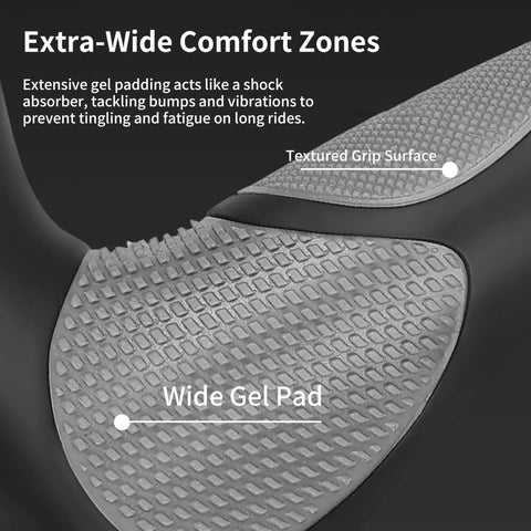 Close-up of ergonomic bike handlebar grips with anti-slip rubber for MTB, featuring wide gel pad and diamond textured surface.