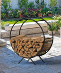 Heavy Duty 31-Inch Firewood Rack for Outdoor Use holding stacked logs on patio