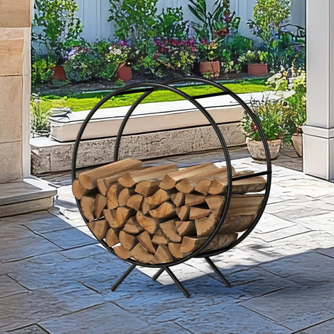 Heavy Duty 31-Inch Firewood Rack for Outdoor Use holding stacked logs on patio