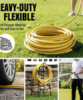 50 Ft Five Eighth Inch Heavy Duty Built To Last Garden Hose With Nozzle Flexible Lightweight Kink Resistant Hybrid Hose With Swivel Handle Durable Anti Burst Outer Layer High Pressure Ready Includes Male To Female Fittings coiled on lawn