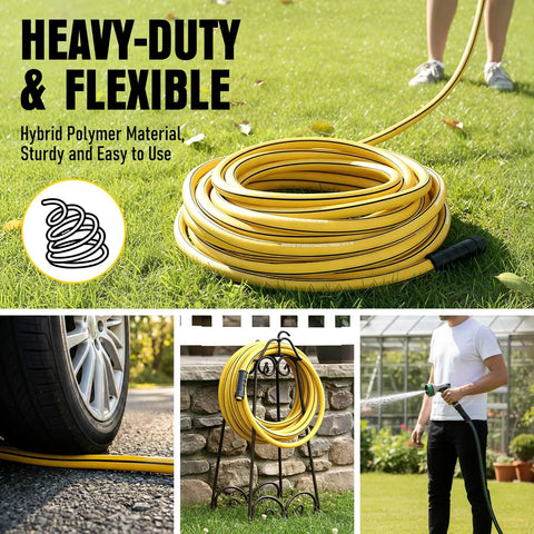 50 Ft Five Eighth Inch Heavy Duty Built To Last Garden Hose With Nozzle Flexible Lightweight Kink Resistant Hybrid Hose With Swivel Handle Durable Anti Burst Outer Layer High Pressure Ready Includes Male To Female Fittings coiled on lawn
