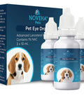 NOVEHA Pets Pet Eye Drops, 3 x 10 mL bottles with blue label and dog image on the box.