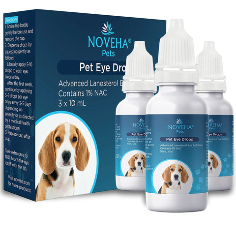 NOVEHA Pets Pet Eye Drops, 3 x 10 mL bottles with blue label and dog image on the box.