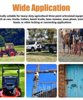 Images showing tractors, trailers, lawn mowers, snow plows, horses, cranes, and a gate for Beefy Heavy Duty Lynch Pin Assortment Kit With 12 Pieces In Four Sizes For Quick Release 3 Point Hitch Pins For Tractors Trailers Trucks Lawn Mowers And Farm Equipment