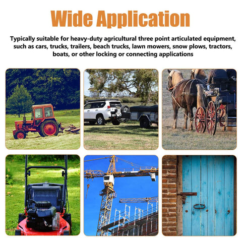 Images showing tractors, trailers, lawn mowers, snow plows, horses, cranes, and a gate for Beefy Heavy Duty Lynch Pin Assortment Kit With 12 Pieces In Four Sizes For Quick Release 3 Point Hitch Pins For Tractors Trailers Trucks Lawn Mowers And Farm Equipment