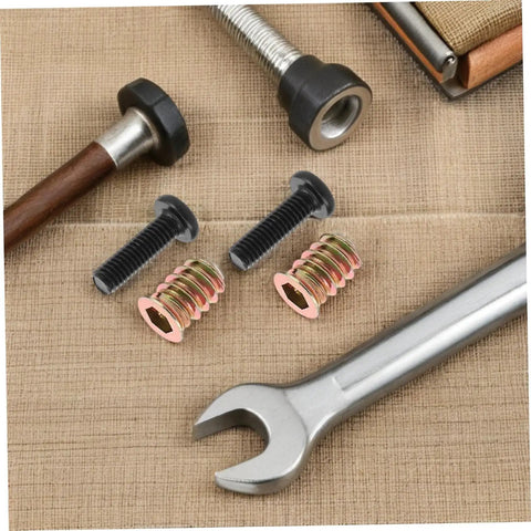 50 Pieces Metal Threaded Wood Inserts Set With Bolts And Screws Plus Two Wrenches Drill Bit Screw In Nut Fasteners For DIY Wood Furniture Assembly And Repair.