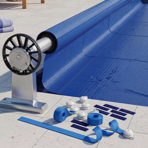 Complete 36 Piece Solar Cover Reel Attachment Kit For Inground Swimming Pool showing blue straps and clips on deck with roller.