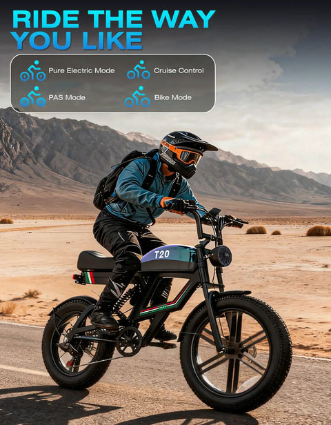 Adult riding Electric Fat Tire Bike For Adults With 2500W Peak Motor, 100 Mile Range, 48V 23Ah Battery, in desert terrain