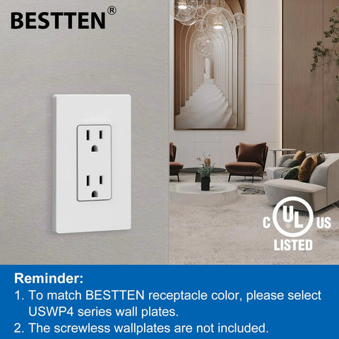Decked Out Decor Wall Outlet Receptacle 15 Amp 125V 1875W Non Tamper Resistant, white, mounted on wall in modern living room
