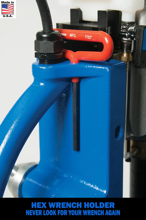Slick Operation 115 Volt Magnetic Mag Drill with integrated hex wrench holder for easy access during tough steel tasks.