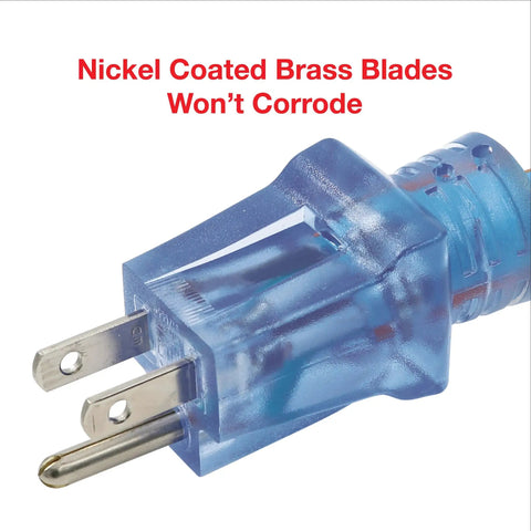 Close-up of Beefy Heavy Duty 25 Foot 12 Gauge Three Conductor SJEOW TPE Rubber Extension Cord with blue plug and nickel blades.