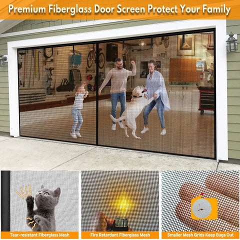 Two Car Garage Screen Door 16x7 Ft Heavy Duty Magnetic Self Sealing Fiberglass Mesh installed in family garage setting