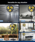 Beast Mode Heavy Duty Outdoor Pedestal Fan with 9600 CFM shown in factory, indoor, gym, patio, and garage settings.