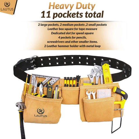Suede Tool Belt And Work Apron With 12 Pockets, Dual Hammer Loops, Quick Access Pockets, Speed Square Slot displayed with tools