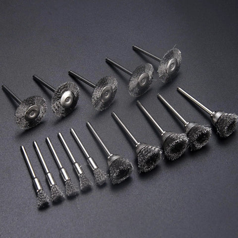 15 Piece Stainless Steel Wire Brush Kit for Dremel and Rotary Tools with pen, cup, wheel bristles on 1/8 inch mandrel displayed on table