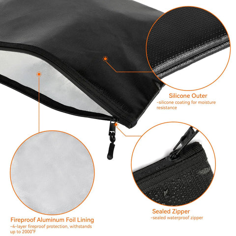 Heavy Duty Fireproof And Waterproof Document Money Bag With Zipper Pouch, showing silicone outer and foil lining details, 10 x 13.5 inch