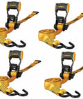 Four yellow Lightweight 1.25 Inch By 12 Foot Ratchet Tie Down Straps 1800 Lb Break Strength with black hooks and ergonomic handles.