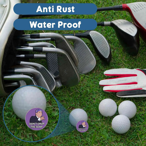 Prison Mike Golf Ball Marker With Magnetic Hat Clip The Office Themed Funny Golf Accessory For Men Dope Gift For Dad Husband Or Boyfriend Unique Birthday Or Anniversary Present shown near golf clubs.