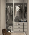 Modern closet with white drawers and black handles, showcasing storage solutions and organization, featuring Set Of 2 Black Gate Handle Pulls 4.8 Inch Outdoor Garage Door Pull Handles With Screws Included, Retro Style Black Coated Pulls For Cabinets.