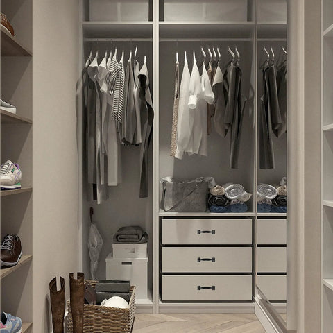 Modern closet with white drawers and black handles, showcasing storage solutions and organization, featuring Set Of 2 Black Gate Handle Pulls 4.8 Inch Outdoor Garage Door Pull Handles With Screws Included, Retro Style Black Coated Pulls For Cabinets.