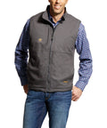 Rugged DuraCanvas Work Vest With 9 Oz ToughMax DuraStretch worn by man in plaid shirt, durable exterior, weather protection.