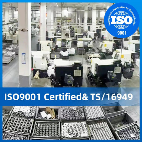 ISO 9001 Certified factory floor with machinery and organized component bins, showcasing quality manufacturing processes.
