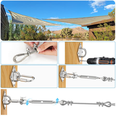 Beefed Up Heavy Duty One Quarter Inch Wire Rope Kit with stainless cable and hardware for shade sails installation demo.
