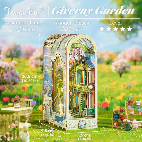 DIY Book Nook Kit For Grownups 3D Wooden Miniature House Puzzle With LED Lights Dust Cover And Bookend Insert Giverny Garden Edition
