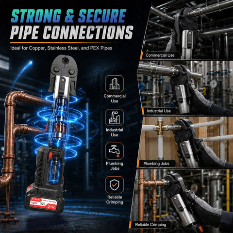 18V Brushless Portable Copper Pipe Crimping Press Tool With Batteries Charger is shown crimping pipes securely in a commercial setting.