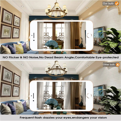 Comparison of room lighting with E14 Dimmable LED Bulb European Base 40W Equivalent 400LM Soft White 3000K showing reduced flicker.