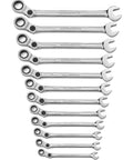 12 Piece Metric Wrench Set With Indexing Pivot Joint For Tight Spots, lined up showcasing Surface Drive Technology and long beam design.
