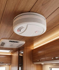 Battery Powered Indoor Safety Detector With Test And Mute, Low Power Indicator, And Photoelectric Sensor For Early Smoke And Fire Alerts In Homes, Easy Install, 1 Pack mounted on wooden ceiling